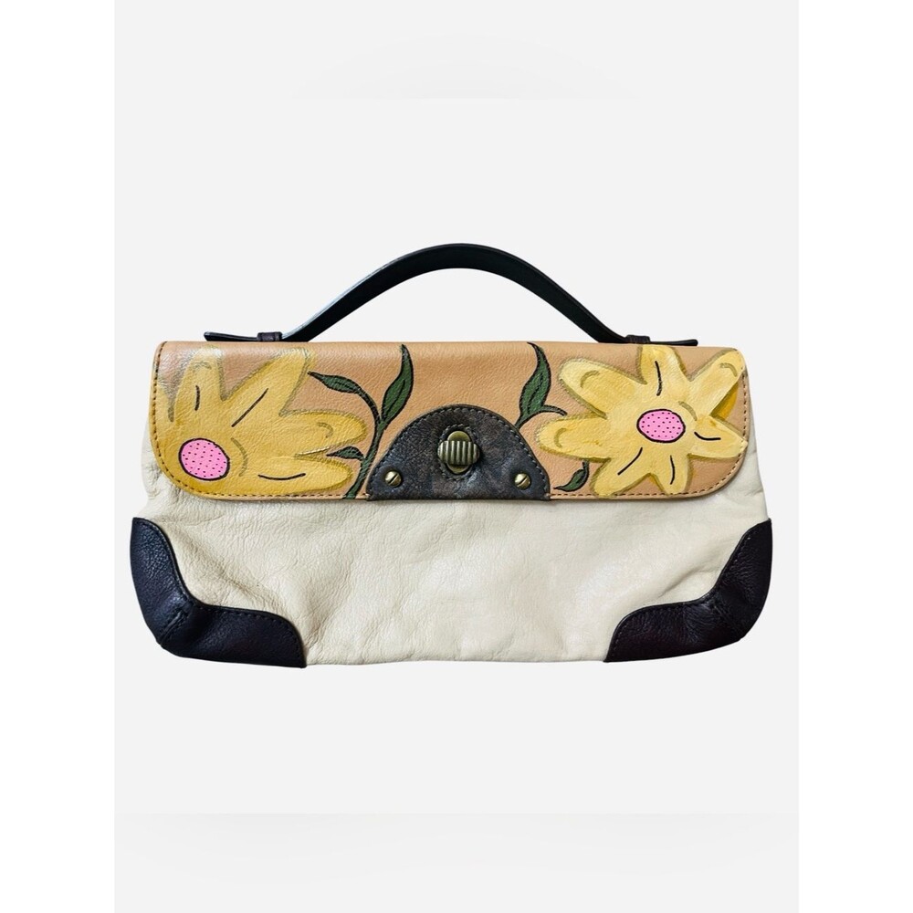 Vintage Cole Haan Leather Clutch Hand Painted Folk Floral Y2K Boho Art Purse